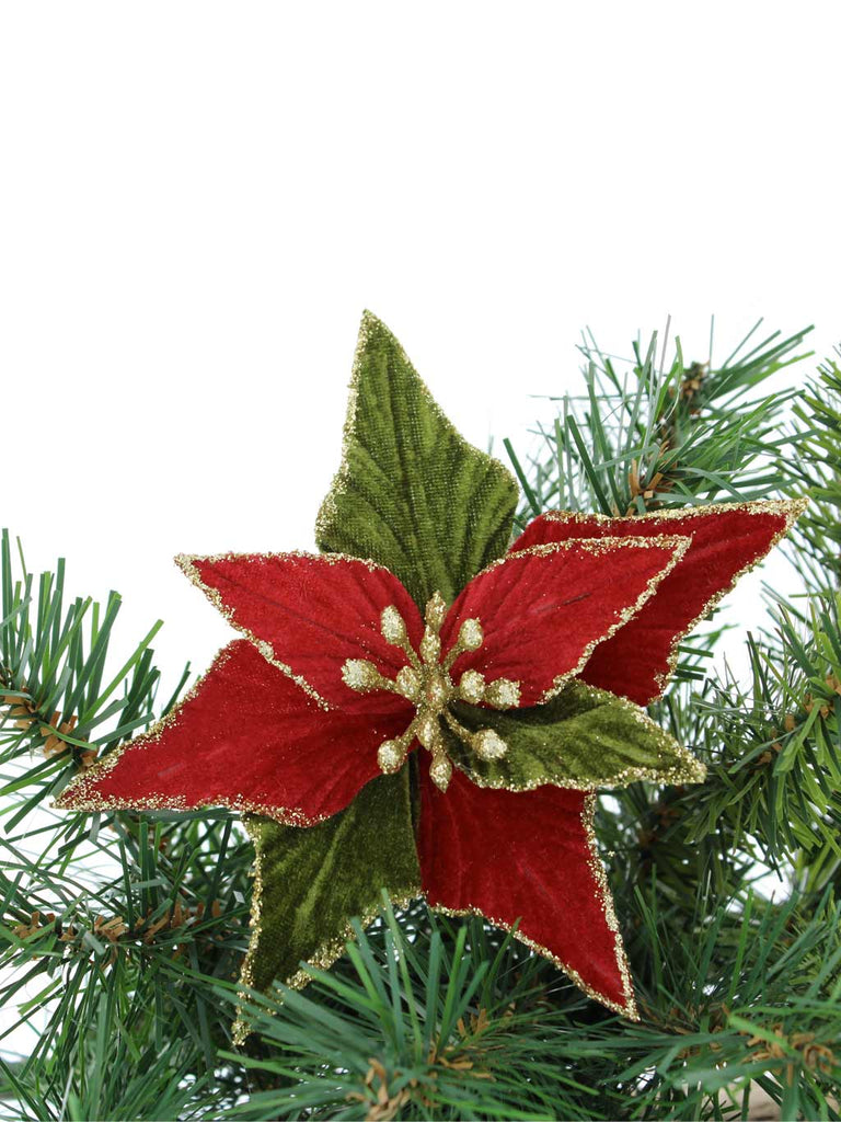 16cm Red/Green Velvet Clip on Poinsettia