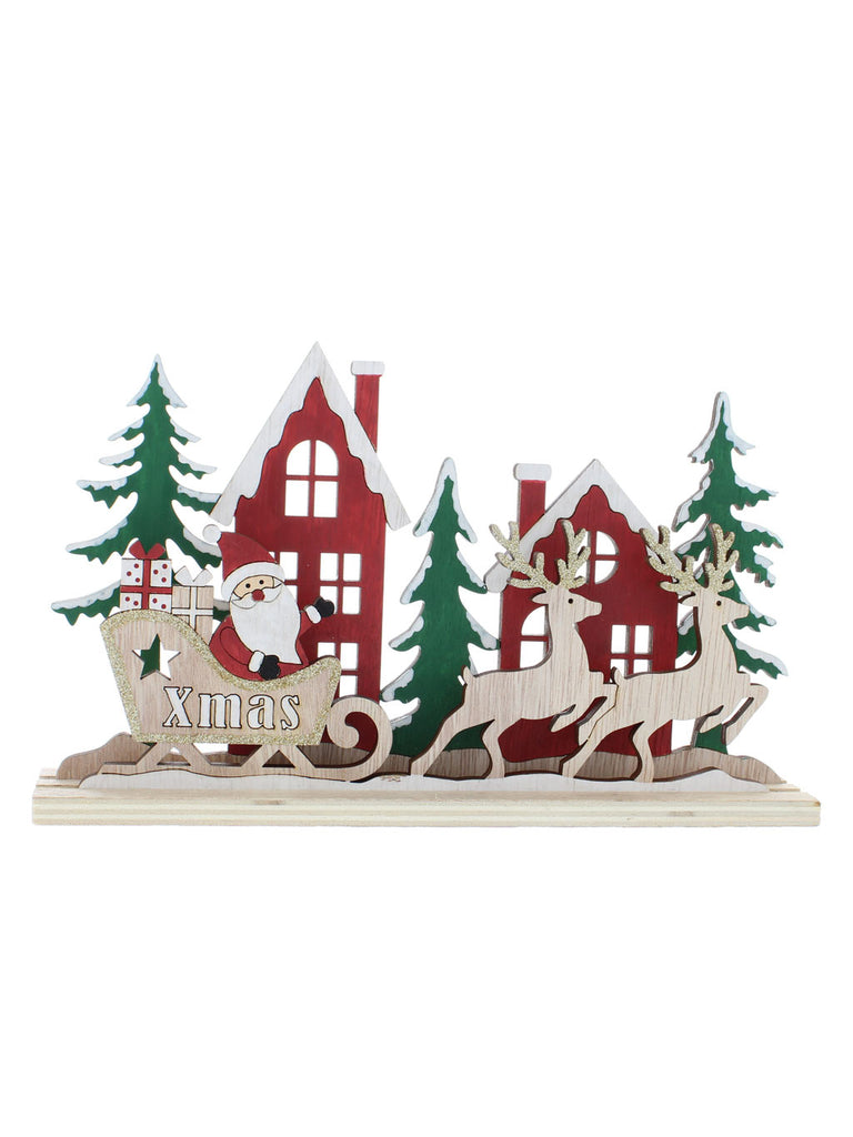 21cm Red Wooden Houses/Santa Scene