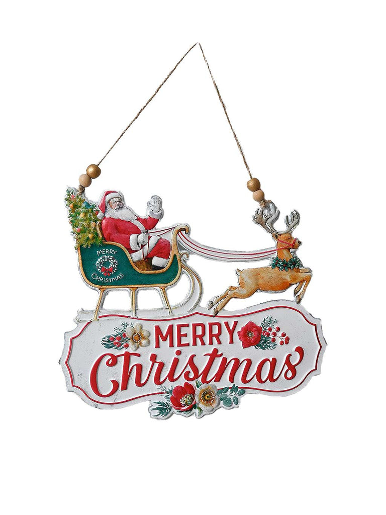 31cm Hanging Metal Santa and Reindeer in Sleigh