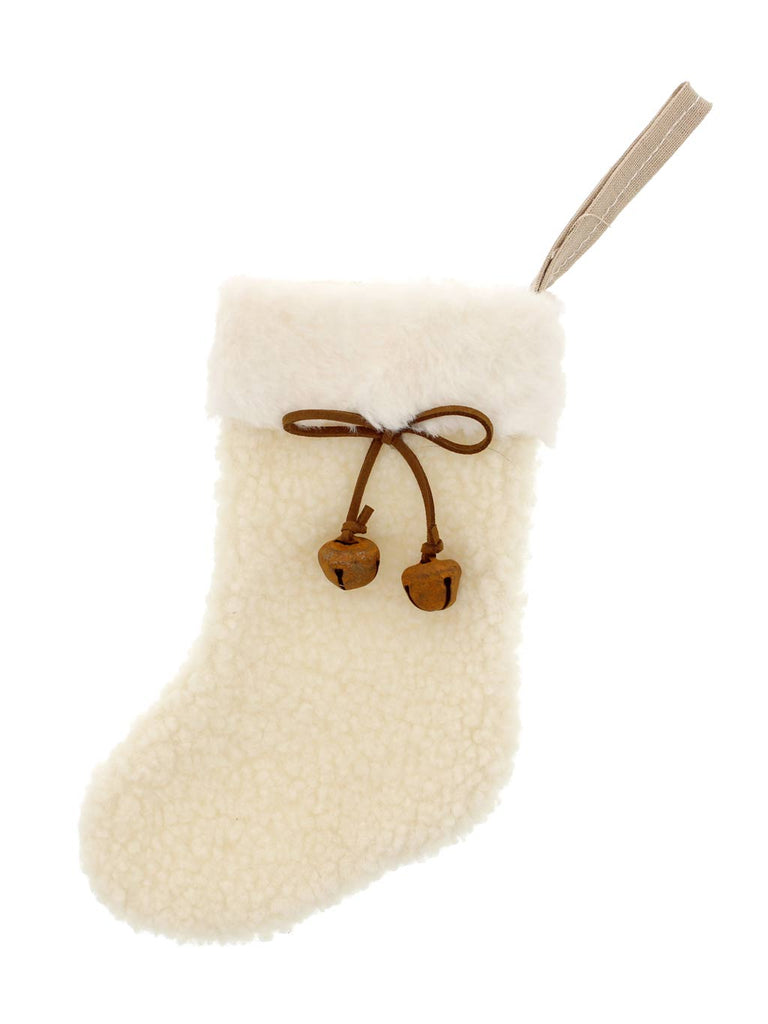 21cm White Fluffy Stocking with Brown Metal Bells