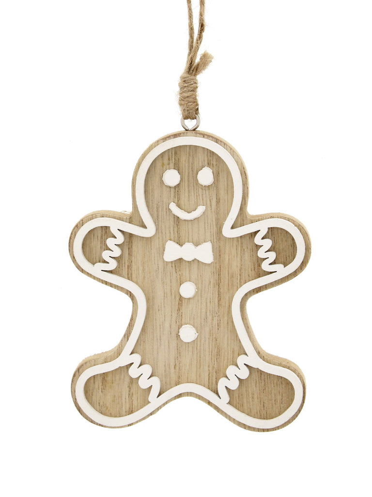 10cm Hanging Wooden Natural/White Gingerbread