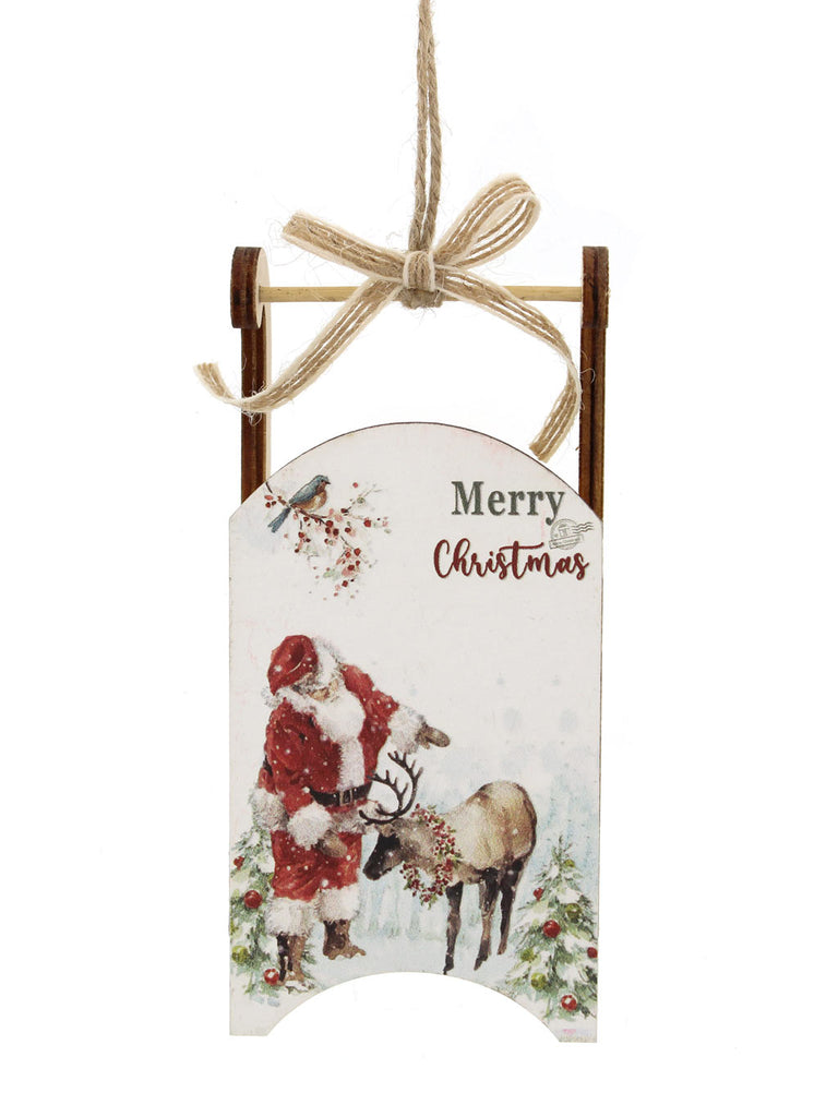 13cm Hanging Wooden White Santa Sleigh