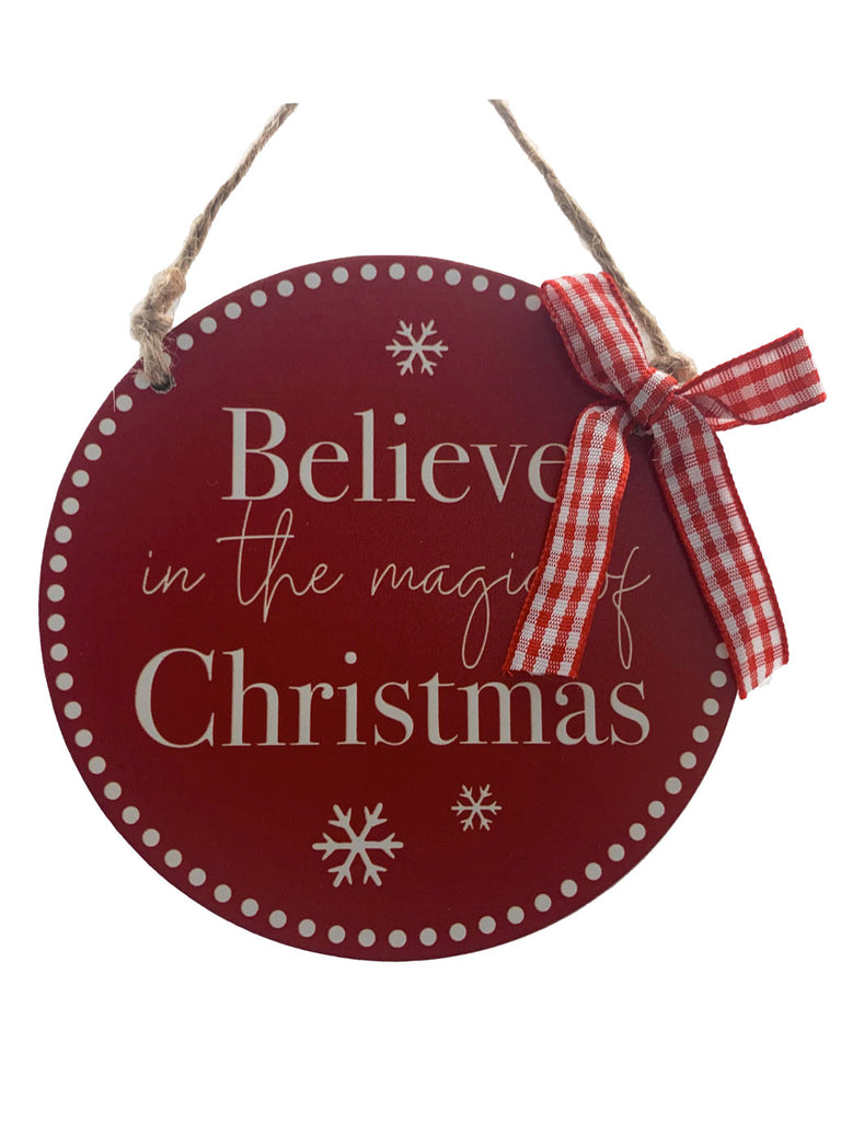 10cm Hanging Wood Red Believe Christmas Disc