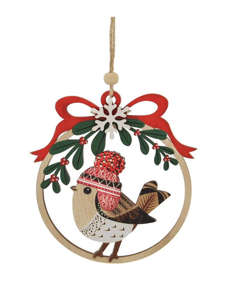 13cm Hanging Lazer Cut Wooden Disc with Robin