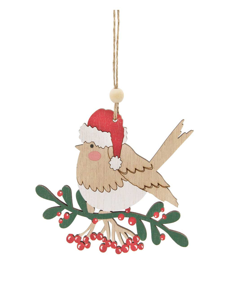 11cm Hanging Wood Robin Wearing Santa Hat
