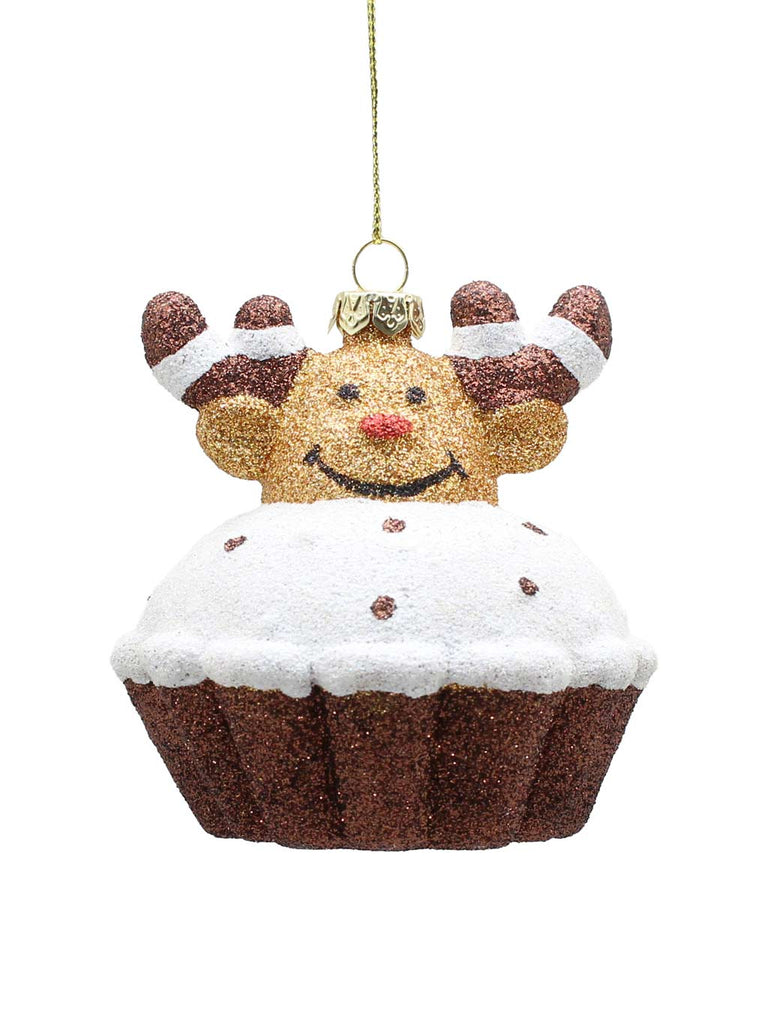 8cm Hanging Brown/White Glitter Reindeer Cupcake