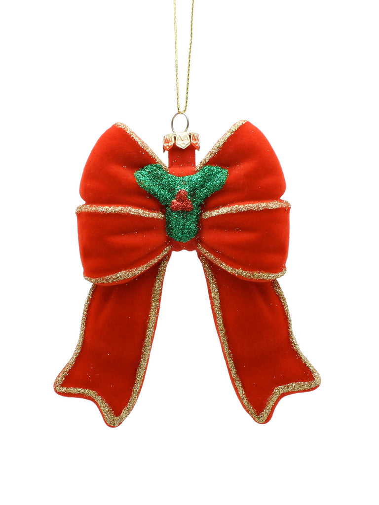 10cm Hanging Red Flocked Bow