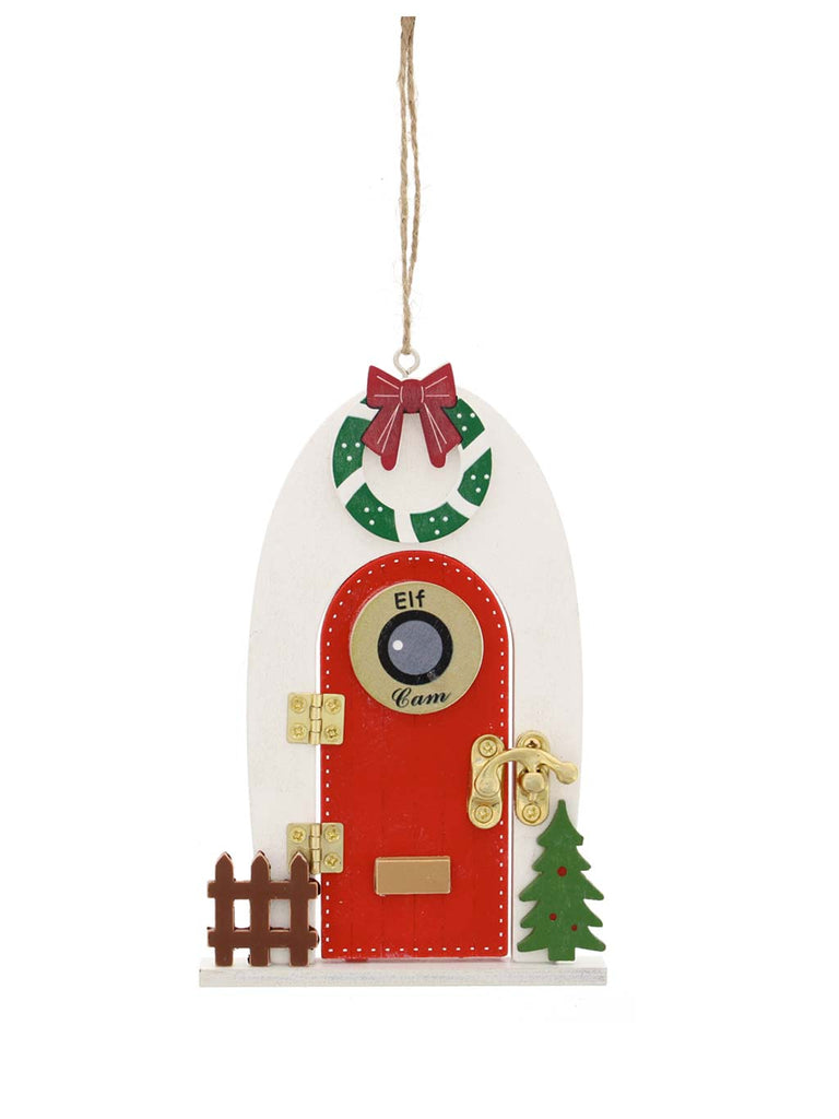 14cm Hanging Red/White Wooden Elf Cam Door