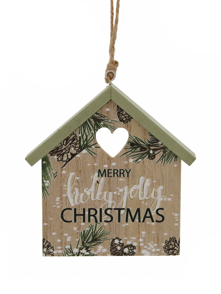 10cm Hanging Wooden House Holly Jolly/Acorns