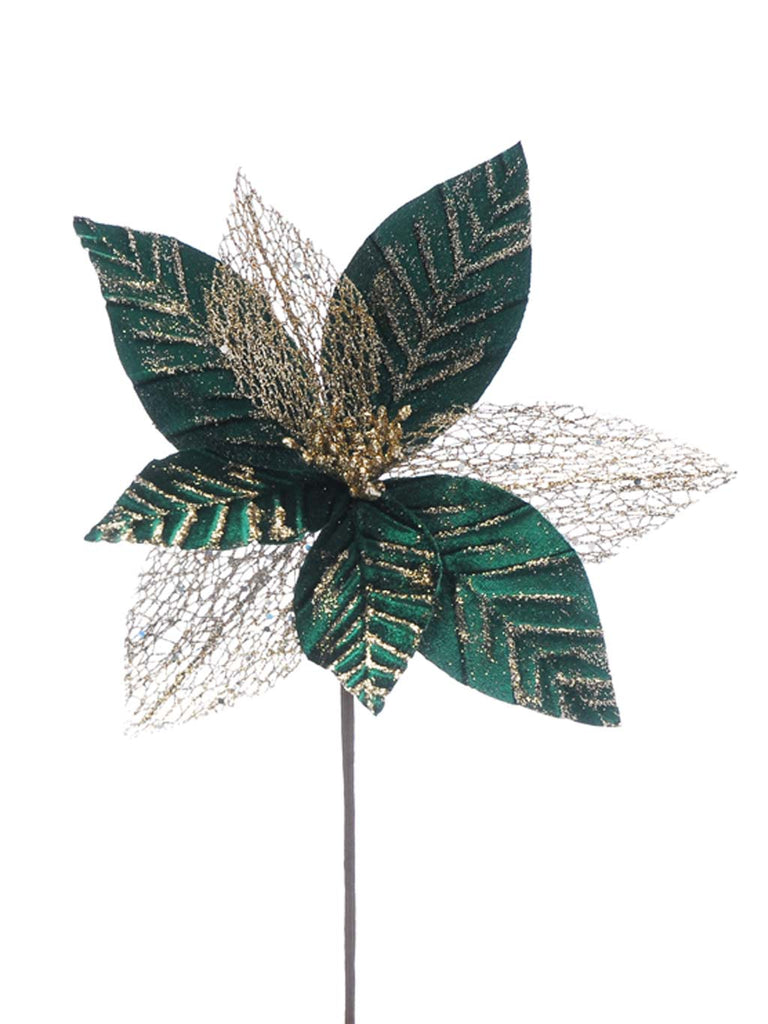 30cm Green /Champagne Glitter Poinsettia Stem