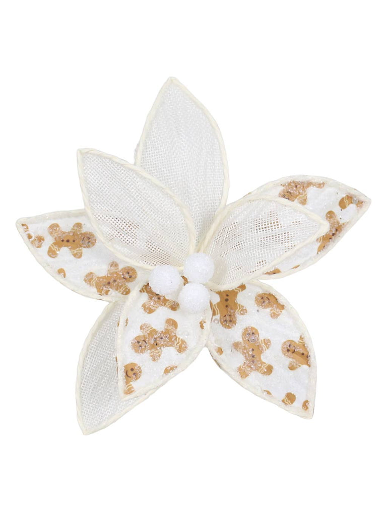 23cm Gingerbread/White Leaves Poinsettia Pick