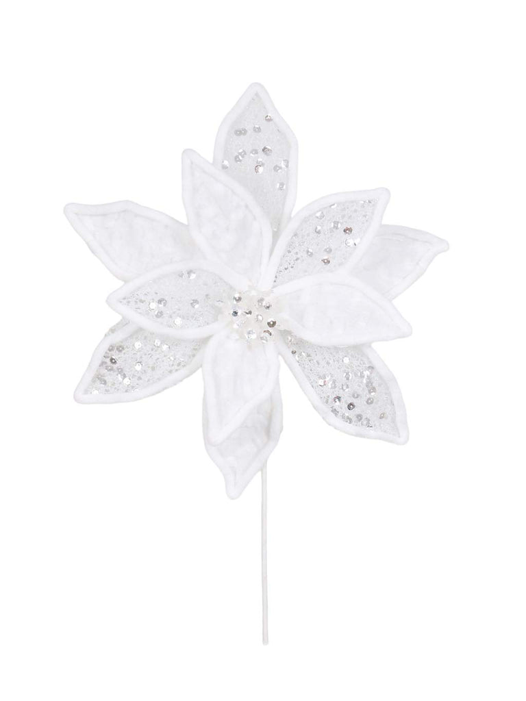 40cm White Glitter/Sequin Poinsettia Stem