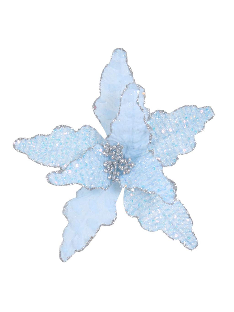 25cm Ice Blue Poinsettia Pick With Silver Sequin Edging