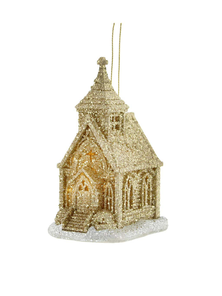 11cm Hanging B/O Lit Gold Glitter Church