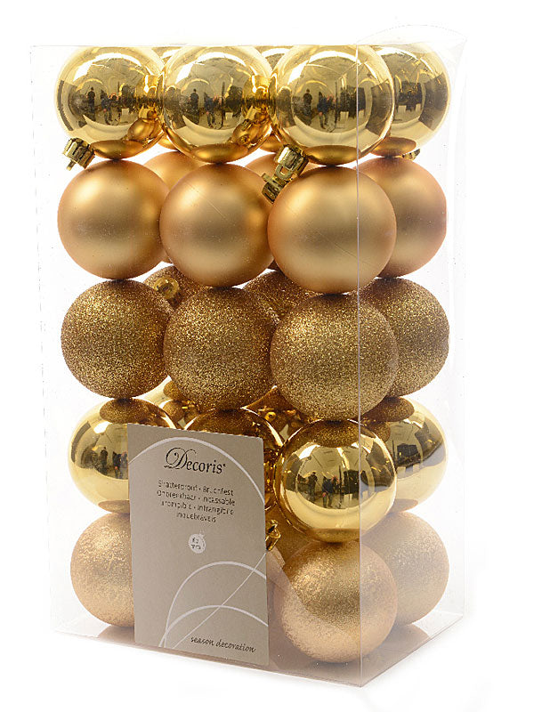 30 x 6cm Mixed Shatterproof Baubles - Gold