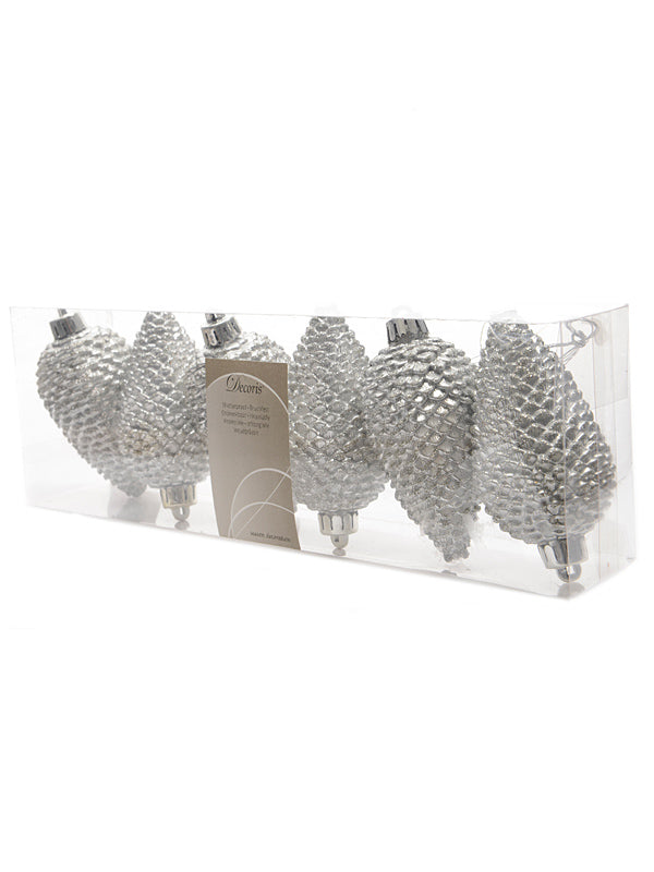 Pk 6 x 80mm Shatterproof Pinecones - Silver