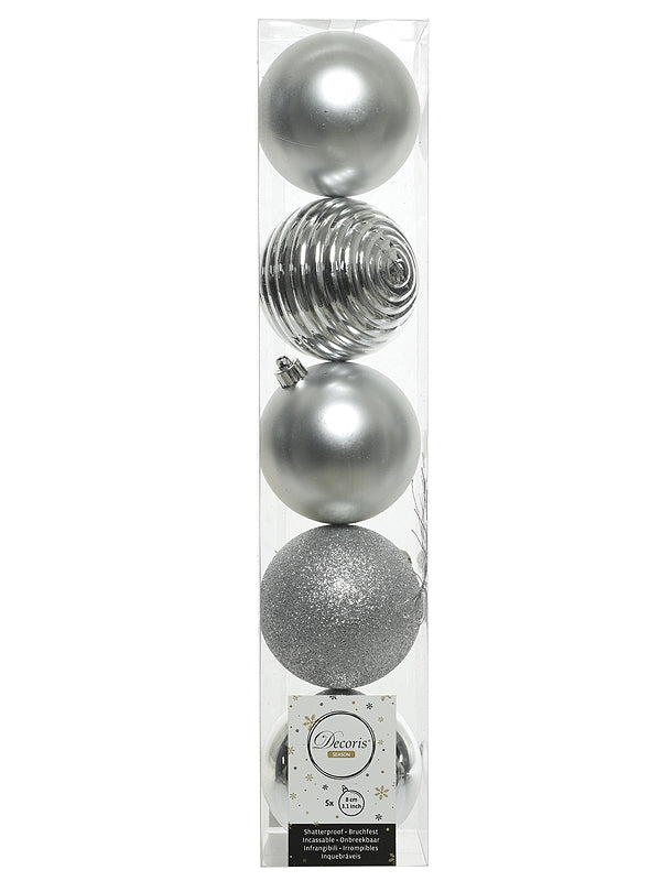 Pk 5 x 80mm Shatterproof Baubles - Silver