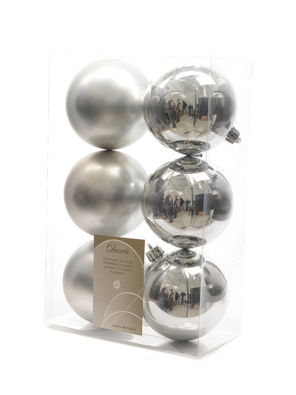 Pk 6 x 80mm Shatterproof Baubles - Silver