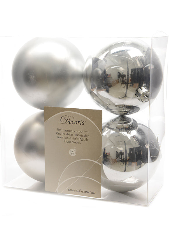 Pk 4 x 100mm Shatterproof Baubles - Silver