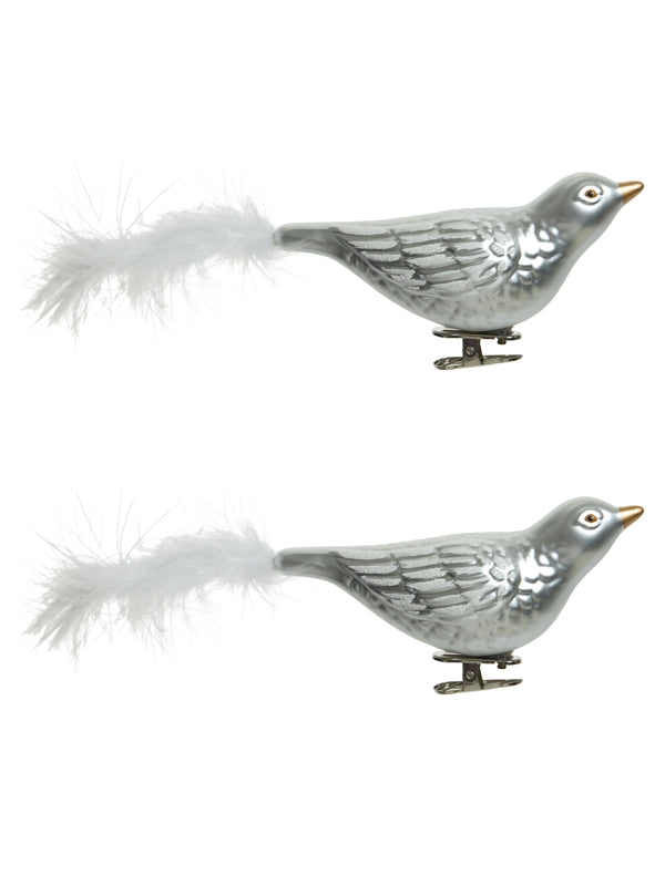 Pk 2 x 25cm Shatterproof Silver Birds on Clip with White Feather