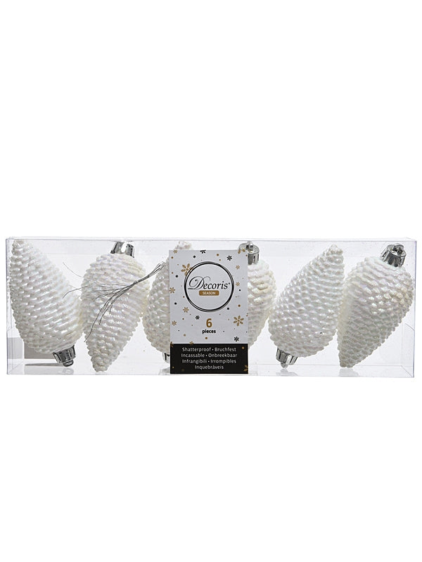 Set of 6 x 80mm Shatterproof Pinecones - White-Iris