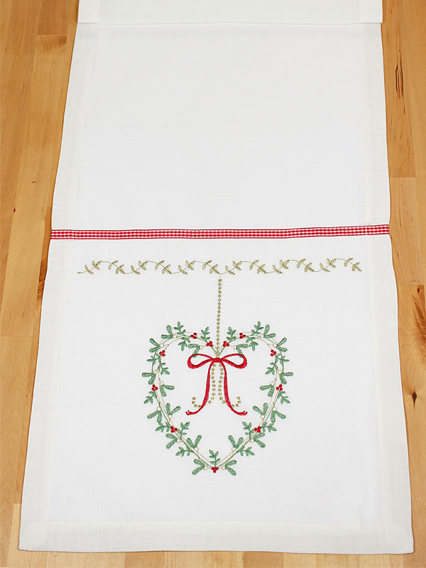 14" x 75" Mistletoe Kisses Christmas Table Runner - White