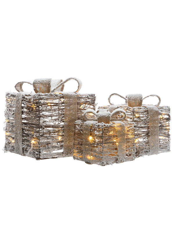 Set of 3 LED Rattan Gift Parcels with Snow
