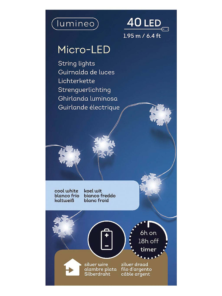 40 Static Micro LED Battery Operated Snowflake String Lights - White/Silver Cable