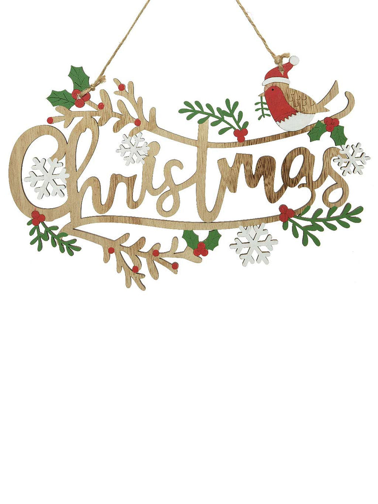 30cm Wooden 'Christmas' Sign with Snowfalkes & Robin