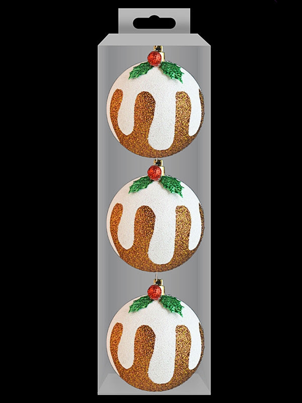 Pk 3 x 8cm Glitter Xmas Pud Baubles