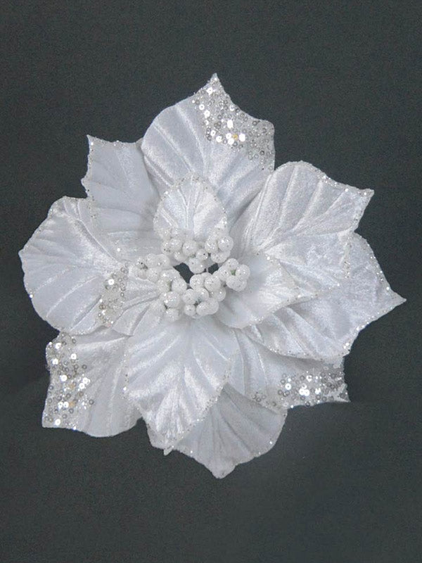 22cm Clip Velvet Poinsettia - White