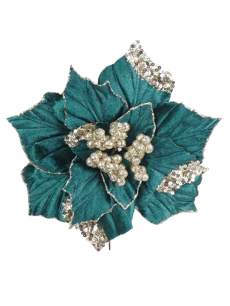 22cm Clip Velvet Poinsettia - Teal