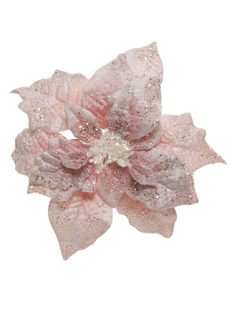 26cm Velvet Poinsettia On Clip with Glitter Finish - Pink And Snowflakes