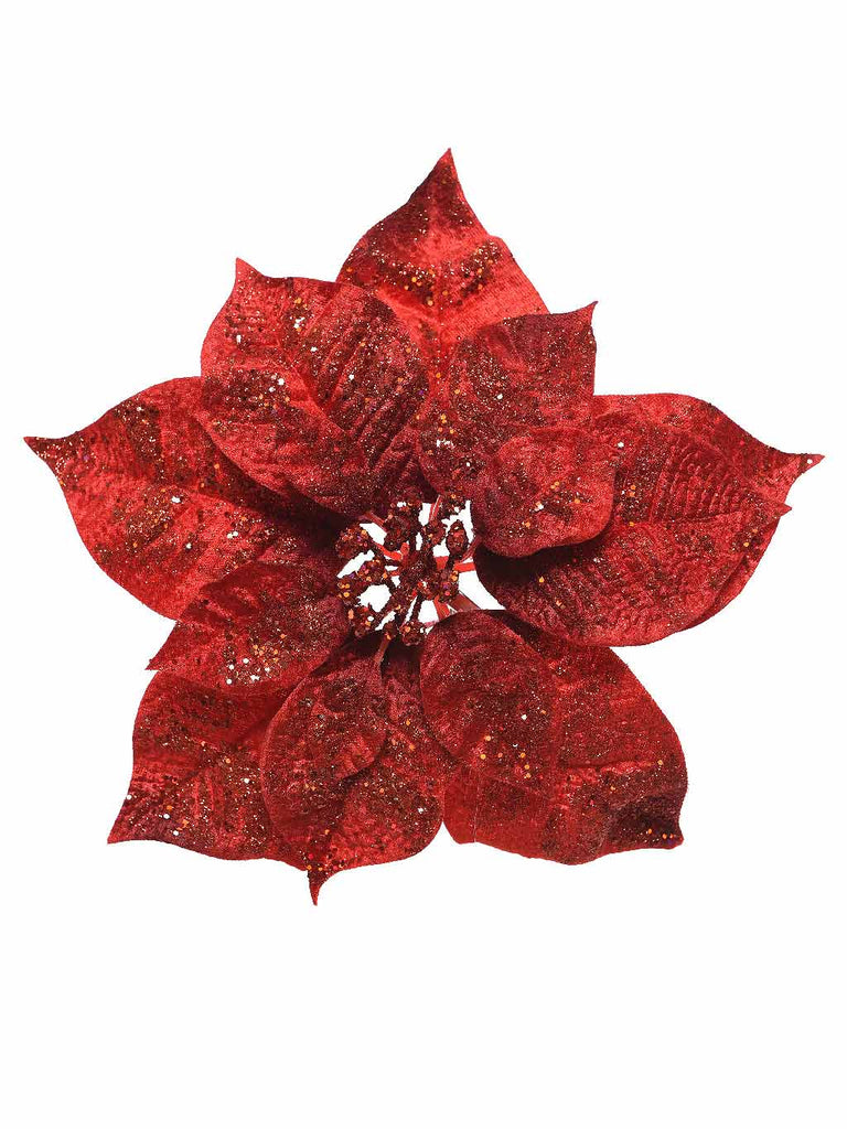 26cm Poinsettia On Clip with Glitter - Red