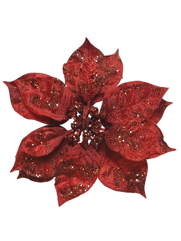 16cm Poinsettia On Clip With Glitter - Red