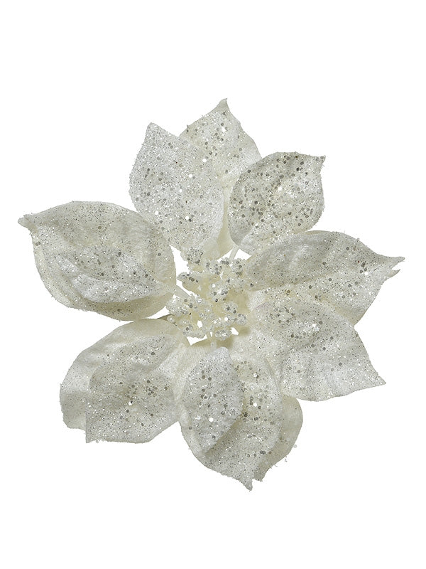 16cm Poinsettia On Clip With Glitter - White