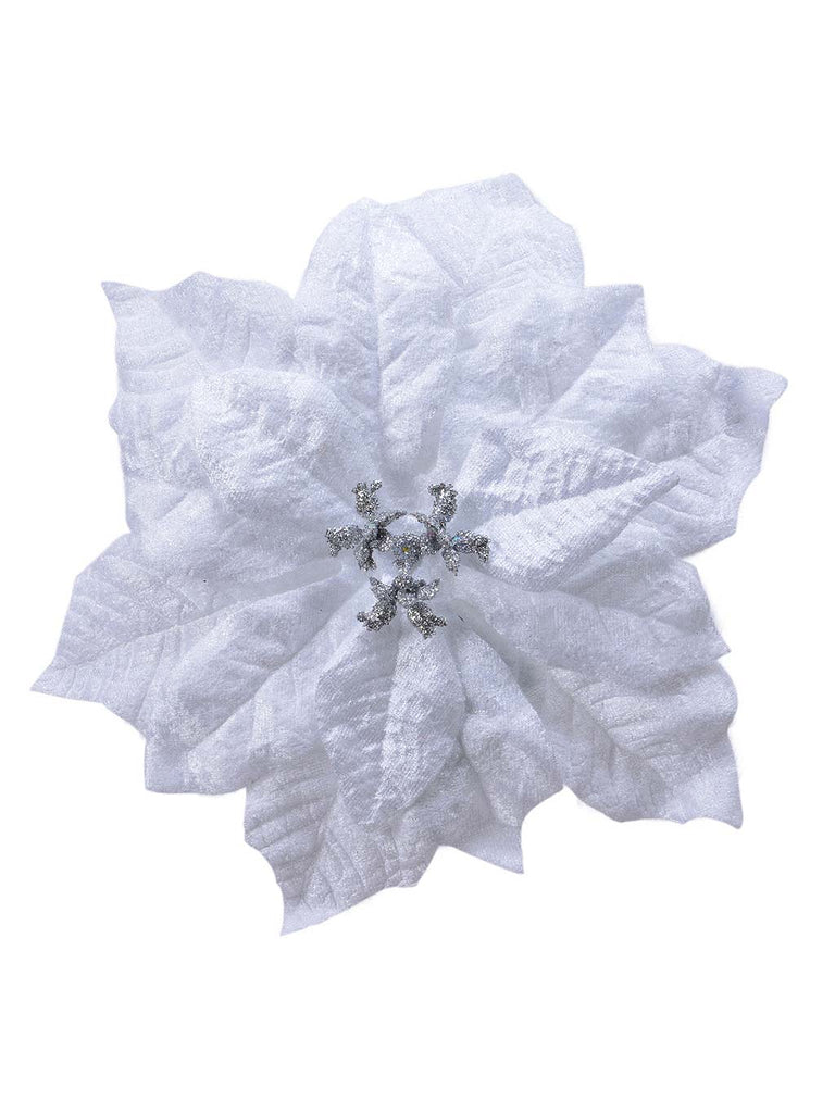 26cm Velvet Poinsettia On Clip - White