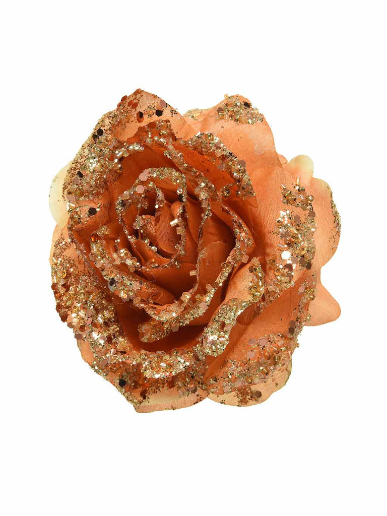 14cm Rose On Clip with Glitter - Terra Brown