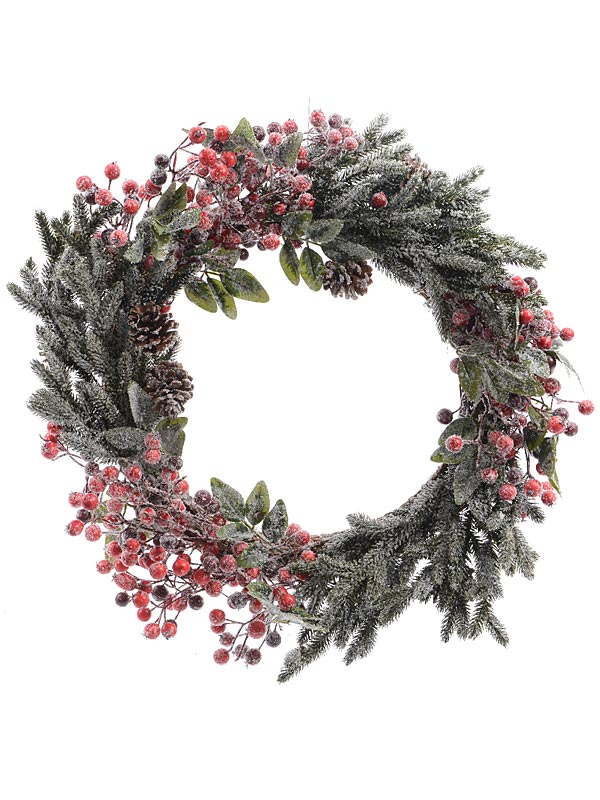 60cm Decorated Wreath with Berries, Snow & Pinecones