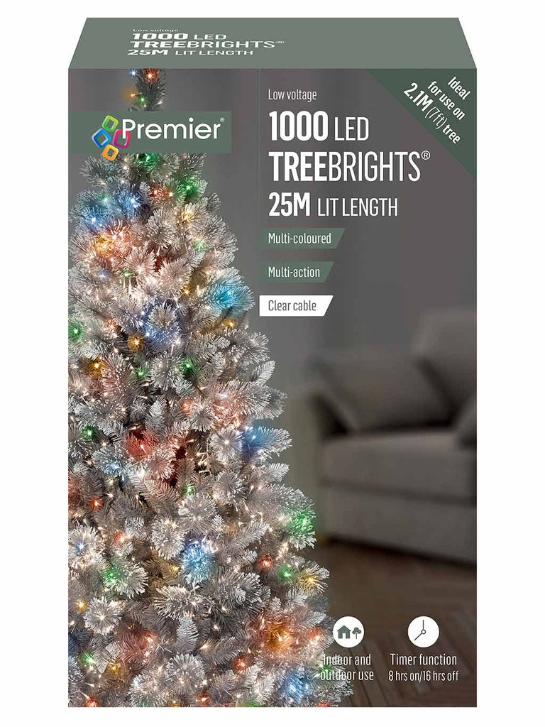 1000 Multi-action LED Treebrights with Timer & Clear Cable - Multi Colour