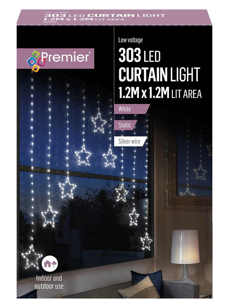 1.2 x 1.2M Pin Wire Star V Curtain with 303 LEDs - White