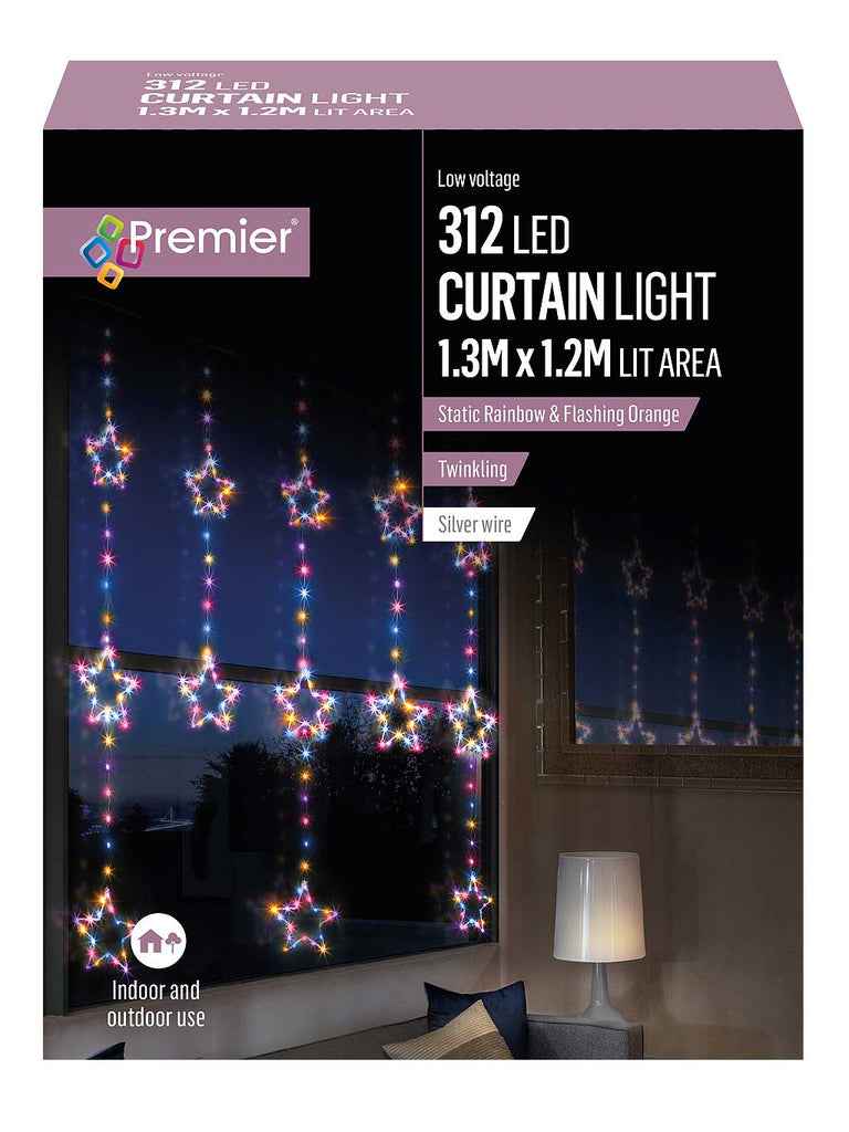 1.2 x 1.3M Star Pin Wire Curtain Flashing with 312 Rainbow LEDs