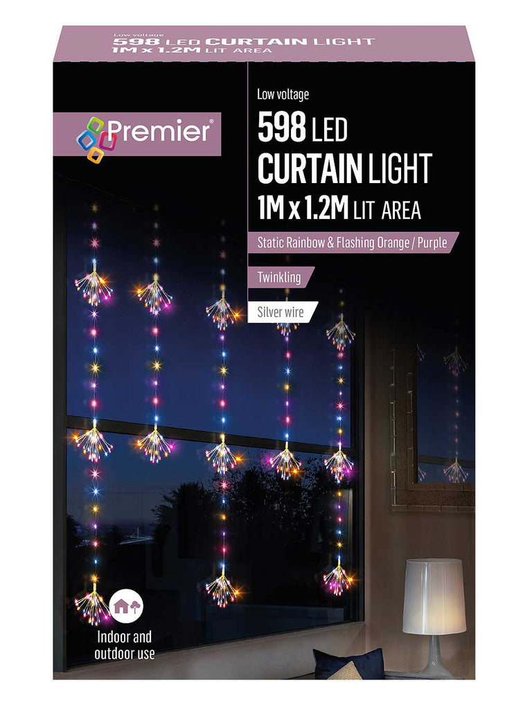 1.2 x 1M Sputnik Pin Wire Curtain Flashing with 598 Rainbow LEDs