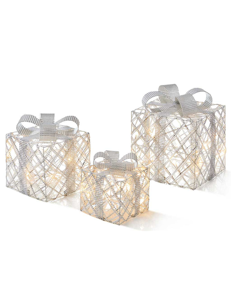 3pc Silver Beaded Parcels with Detachable Bow & 40 Warm White Led