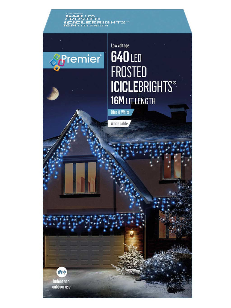 640 LED Multi-Action Frosted Cap Icicles - Blue & White