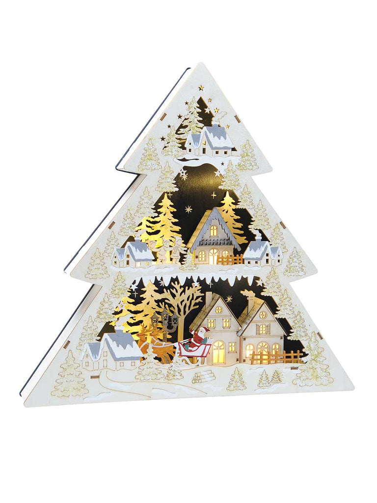 41cm B/O Lit Wooden Santa Sleigh Tree Scene