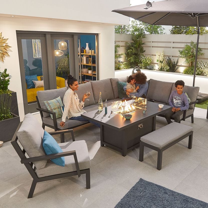 Vogue Aluminium Corner Sofa Set with Firepit Table, Armchair Bench