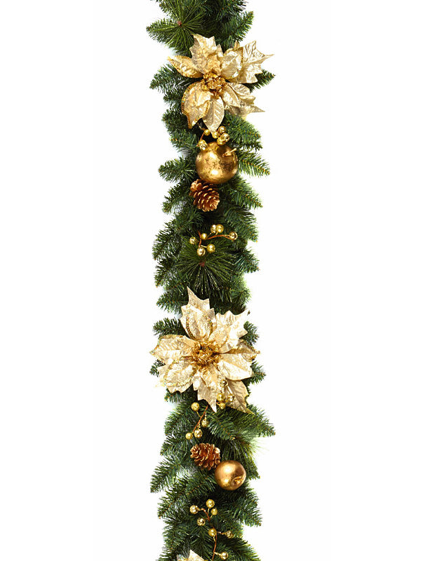 1.8M (6ft) Gold Poinsettia Christmas Garland with Pinecones