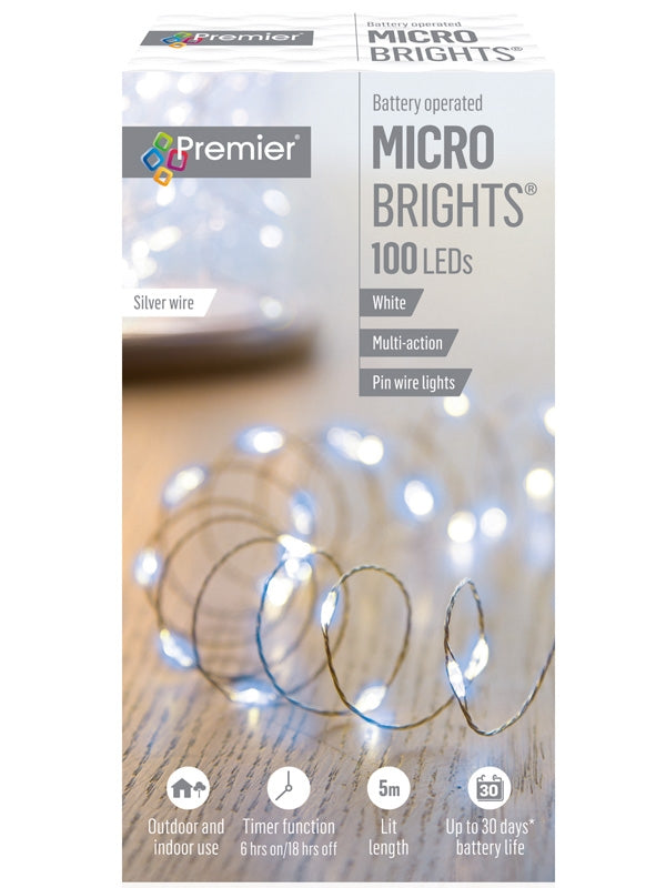 100 LED Battery Operated Multi-Action Microbrights with Timer - White