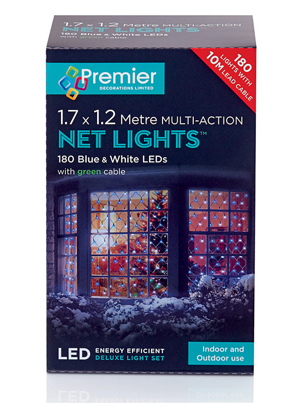 1.75 x 1.2M 180 LED Multi-Action Net Christmas Lights - Blue & White 